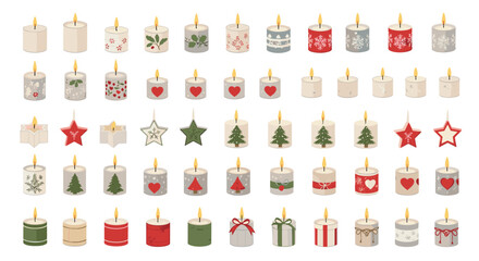 Fototapeta premium Large variety of small decorated candles in many colors and festive patterns for holiday celebrations, gifts, and home styling.