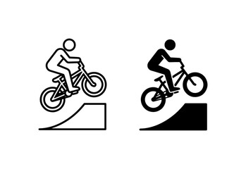 Obraz premium BMX bike stunt icons, cyclist jumping on ramp, extreme sports vector set