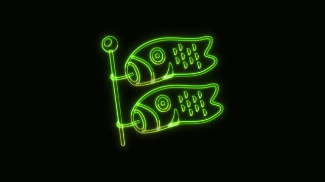 Japanese Carp Flag Icon Neon Seamless Loop 4K Black Background Animated Promotional Typography for Video Editing