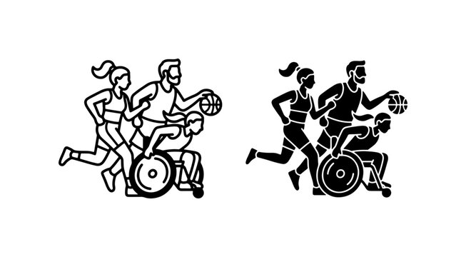Inclusive Basketball Team, Adaptive Sports Icons, Wheelchair Athlete Graphic