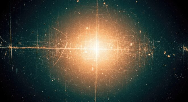 Scratched vintage background with bright orange light burst.