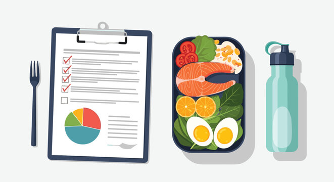 Top view of a healthy meal prep container next to a clipboard with diet charts and a reusable water bottle for fitness planning.