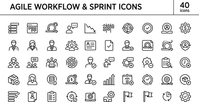 Agile Workflow Sprint Outline Icon Set With Scrum Team Project Management And Business Development Symbols