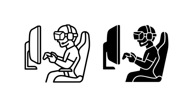 Gamer in VR headset playing video games on computer, virtual reality gaming setup, immersive entertainment icons