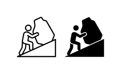 Person pushing boulder uphill icon, symbol of effort, struggle, and perseverance. Vector graphic for motivation and challenge concepts. © Salman