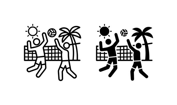 Beach Volleyball Icons, Summer Sport Vector Set, Two Players, Net, Palm Tree, Sun, Athletic Activity Graphics, Outdoor Recreation