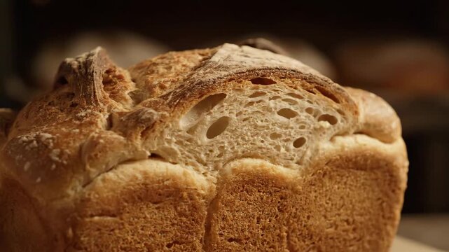 Close-up detail of fresh baked artisanal loaf of bread showing golden brown rustic crust under dramatic light