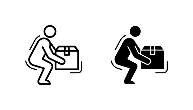Manual Handling Safety Icons, Lifting Box Technique Vector Graphics, Ergonomic Posture Guidelines for Safe Lifting