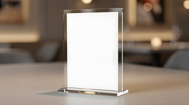 Blank acrylic table tent menu holder mockup in a restaurant.