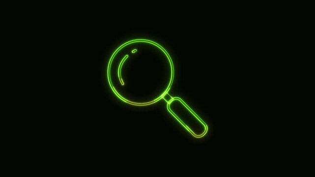 Magnifying Glass Icon Neon Seamless Loop 4K Black Background Animated Promotional Typography for Video Editing