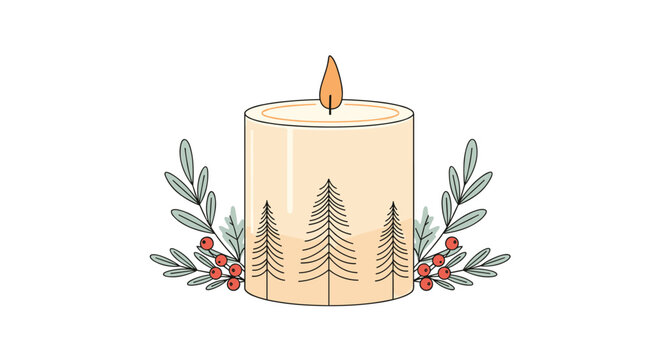 Festive illustration of a large candle decorated with pine trees and surrounded by winter berries and leaves.