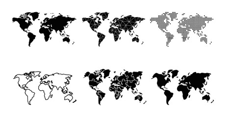 World Map Vector Icons Set: Global Geography, Political Borders, Continents, Black & White Silhouettes © Sathi