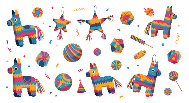 Vibrant collection of Mexican pinatas in various shapes like donkeys and stars with party candies and confetti.