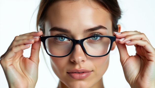 Woman with blue eyes adjusts black glasses. She looks forward with clear vision. Her face is on white backdrop, focused on eyes and eyewear. Clear sight idea.