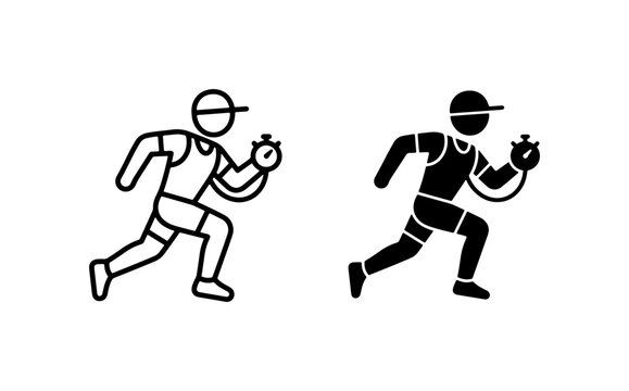 Runner Icon Set, Stopwatch Silhouette, Athletic Figure, Sports Timer, Sprinting Athlete, Fitness Competition, Vector Graphics