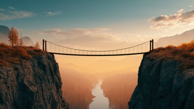 Wooden suspension bridge connecting two cliffs over misty mountain valley at sunset