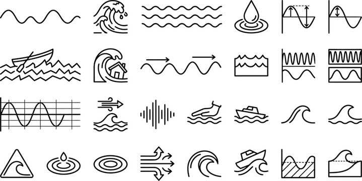 Wave line icons set ocean water waves, physics sine wave, sound frequency, tsunami, and ripple outline icons