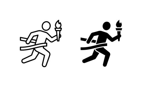 Runner Crossing Finish Line with Torch, Victory Symbol, Achievement Icon, Sports Competition Vector Set