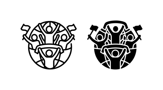 Global Community Celebration Icons, Diverse People Cheering Together, Unity and Success Symbols, Vector Art