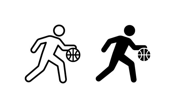 Basketball Player Dribbling Icon Set, Dynamic Sports Silhouette Vector Graphics, Athletic Action Figure Pictograms for Game and Fitness Concepts