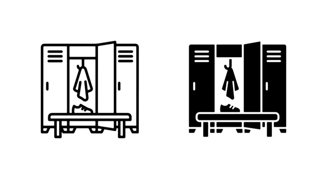 Locker Room Icon Set, Sports Changing Room Vector Graphics, Gym Storage Furniture with Clothes and Shoes, Athletic Facility Design Elements