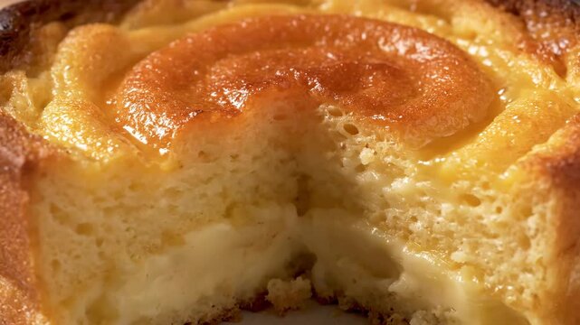 Macro close-up shot of a freshly baked Basque cheesecake or custard tart with a rich, glossy caramelized golden brown crust and creamy filling detail.