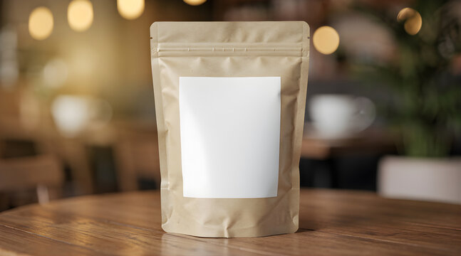 Blank brown kraft paper pouch with white label on wooden table in cafe.