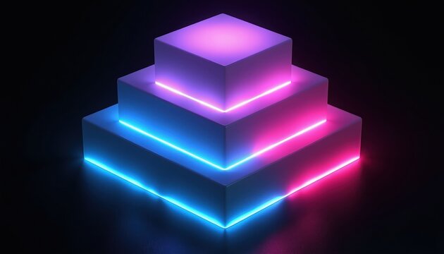 Abstract geometric pyramid made of glowing cubes. Neon light edges in pink and blue illuminate the stacked levels. Futuristic digital art composition with clean design.