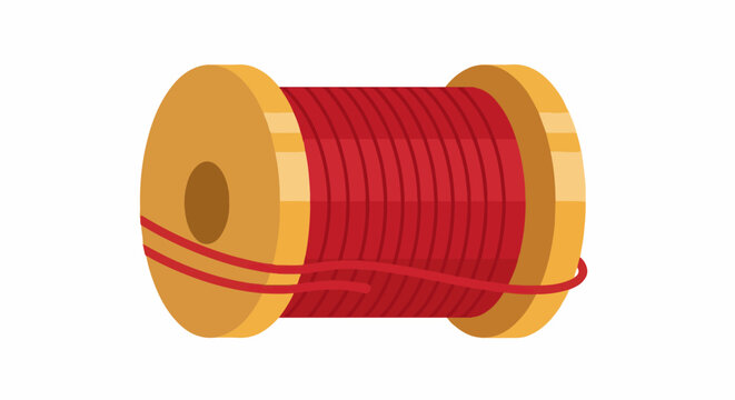 A simple cartoon illustration of a wooden spool of vibrant red thread, isolated on a white background