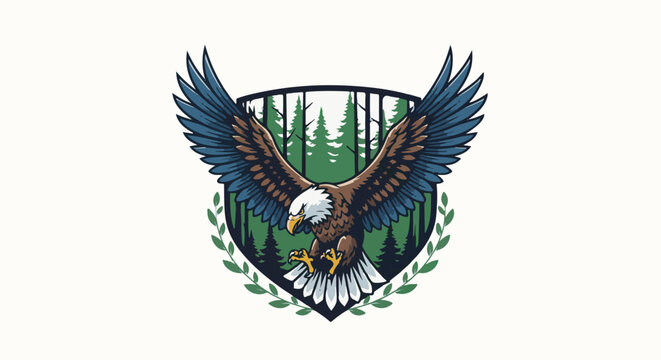 A powerful eagle with spread wings hovers over a forest scene within a shield shape