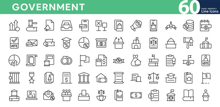 Government line icon set. Corruption, government, bribe, crime, money laundering, money, law, guideline, penalty, ministry, people, vote, election, court outline icon design. Editable vector icons