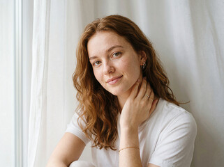 Naklejka premium Portrait of a calm young ginger woman sitting near a bright window at home