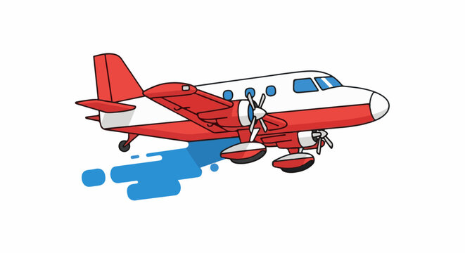 A red and white cartoon twin-engine propeller plane flies with a blue blur trail