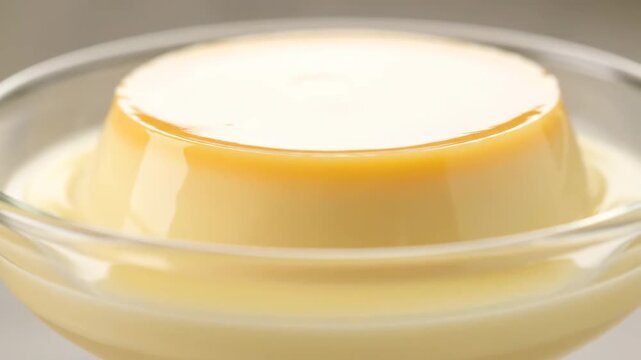 Close-up of creamy flan or custard pudding topped with pouring milk or condensed sauce, highlighting the smooth texture and rich yellow color in a glass bowl.