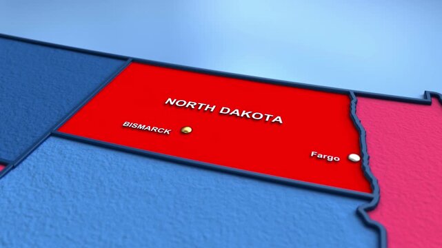Looped 3D election map animation of the United States zooming into North Dakota state, featuring red, blue, purple and green political outcome variations.