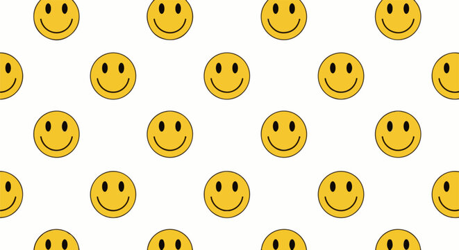A repeating pattern of yellow smiley faces with black eyes and mouths on a white background