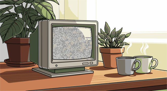 A retro television set displays static next to potted plants and steaming mugs on a wooden table