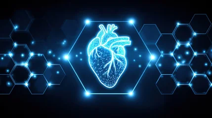 Glowing blue polygonal heart in luminous hex frame, surrounded by hexes & floating light particles on dark bg. Futuristic med tech visualization. © neirfy
