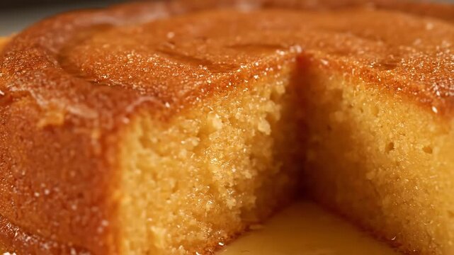 Extreme close-up of a moist slice of golden syrup cake or honey cake, showcasing the soft texture and glistening sweet glaze. Delicious homemade dessert.