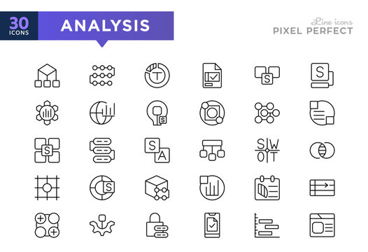 Analysis line icon set. Planning, matrix quadrants, strengths, weaknesses, opportunities, threats, KPI performance, optimization, management, editable vector stroke icons