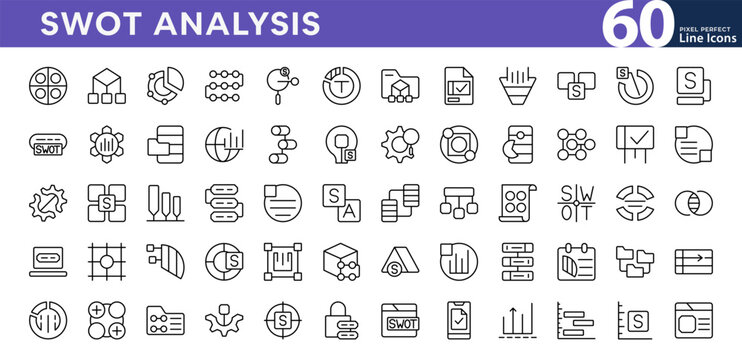 Swot Analysis line icon set. planning, matrix quadrants, strengths, weaknesses, opportunities, threats, KPI performance, optimization, management outline icon design. Editable vector icons