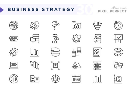 Business Strategy line icon set. Swot Analysis, planning, matrix quadrants, strengths, weaknesses, opportunities, threats, KPI performance, optimization, management, editable vector stroke icons