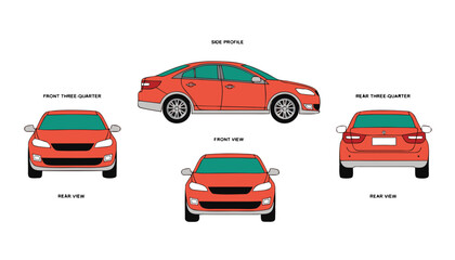 Naklejka premium A simple illustration showing a red sedan car from five angles: side profile, front view, rear view, front three‑quarter, and rear three‑quarter. Each view highlights the car’s shape, headlights.