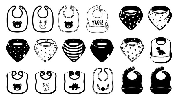 Different baby bibs collection vector illustration infant feeding accessory set isolated on white background