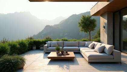 Fototapeta premium Modern terrace with grey sectional sofa and wooden coffee table offers mountain views. Rich green hedges and plants surround outdoor seating area. Peaceful retreat for relaxation and enjoying nature.