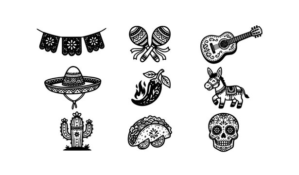 Mexican culture icon set vector illustration black and white festive symbols