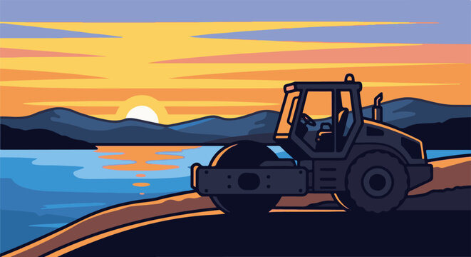A heavy roller sits by a tranquil lake during a vibrant sunset