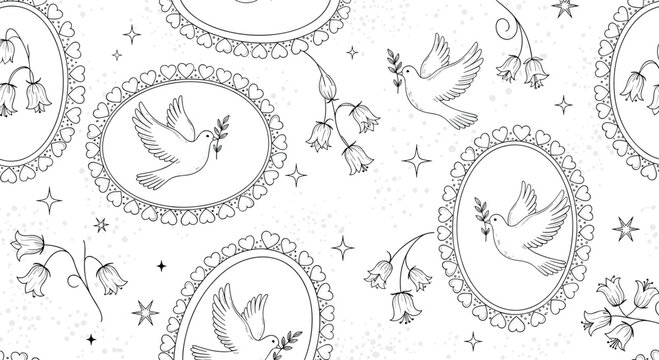 Black and white seamless pattern featuring doves carrying olive branches inside ornate frames with small flowers.