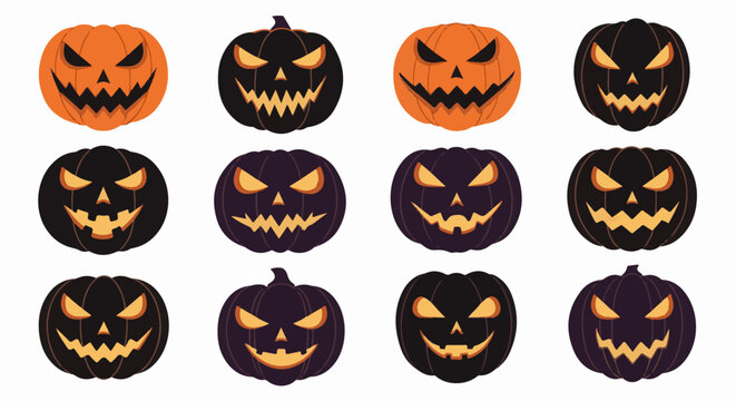A grid of twelve carved pumpkins with spooky faces, some orange, some black, and some dark purple