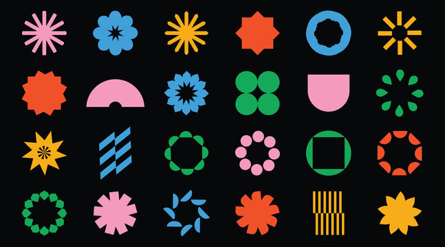 Minimal Abstract Floral Forms and Memphis Style Geometric Flower Elements Vector Set.